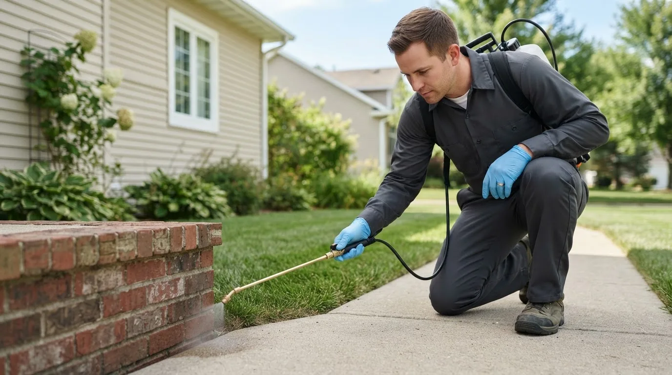 Pest control technician treating a home near Peachtree Corners, GA